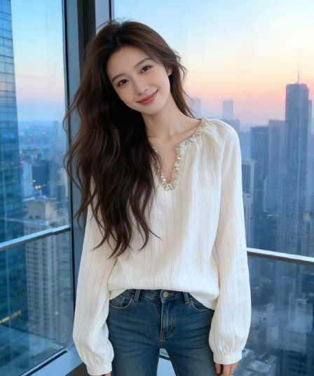 프랑스식 바람 화이트 스트라이프 비즈 박기 V넥 느긋한 맨위 여성 고급 센스 품격 루즈핏 슬림해 보이는 다용도 긴팔