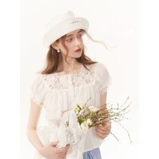 批发<b class='q'>韩版</b>夏季新款蕾丝拼接睫毛花边短袖衬衫气质收腰显瘦通勤休闲上衣