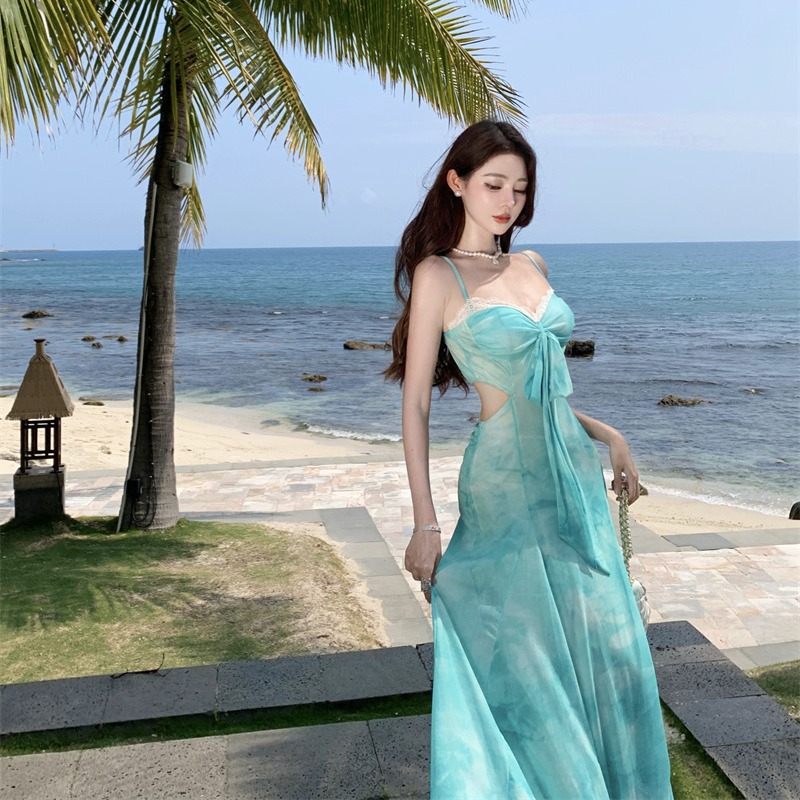 휴가 바람 프린트 슬립 여성 드레스 여름 새로운 섹시함 품격 해변가 해변 롱 스커트