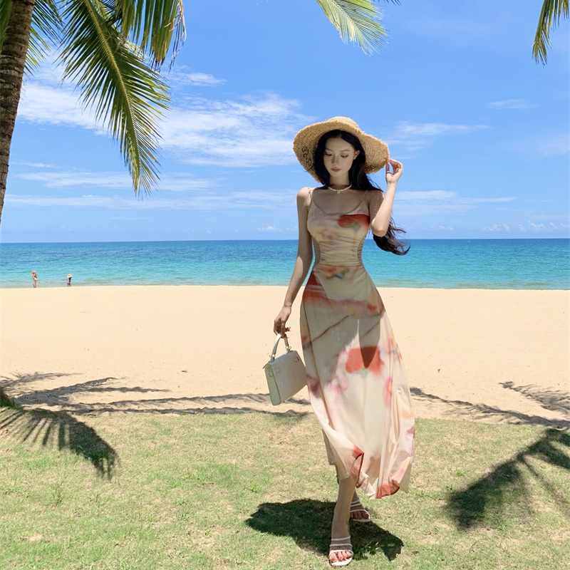 프랑스식 홀치기 염색 헤일로 염색 프린트 슬립 드레스 2025 여름 새로운 허리 수축 슬림해 보이는 핫걸 롱 스커트