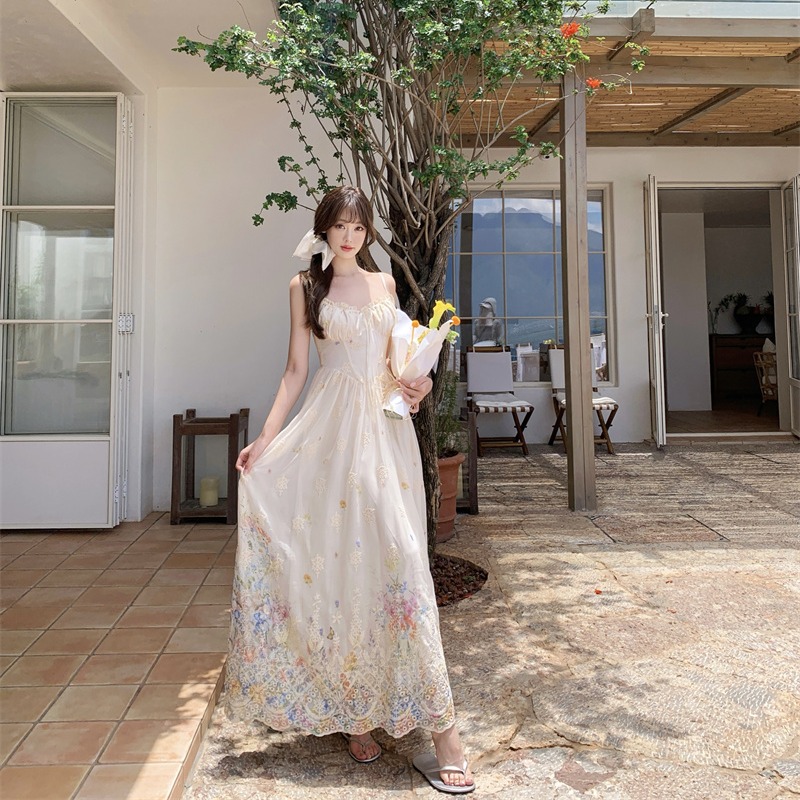 화이트 워터 여성 아름다움 오는 그라데이션 프린트 쉬폰 슬립 여성 드레스 허리 수축 슬림해 보이는 프랑스식 품격 롱 스커트