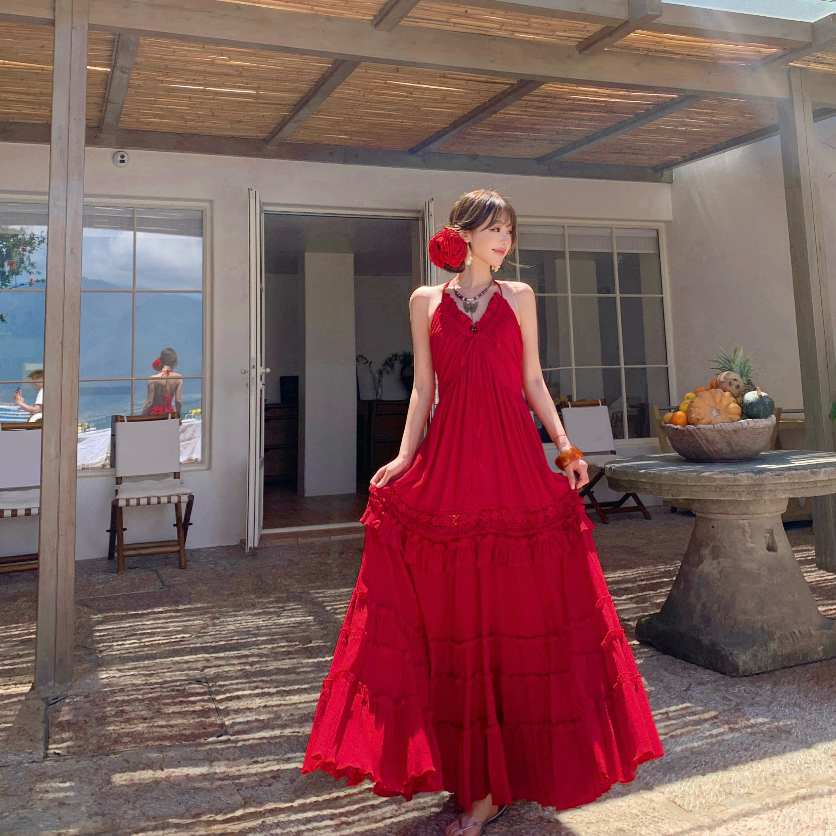 프랑스식 레트로 빨간색 V넥 슬립 드레스 아름다운 루즈핏 휴가 해변 드레스 섹시함 백리스 케이크 롱 스커트