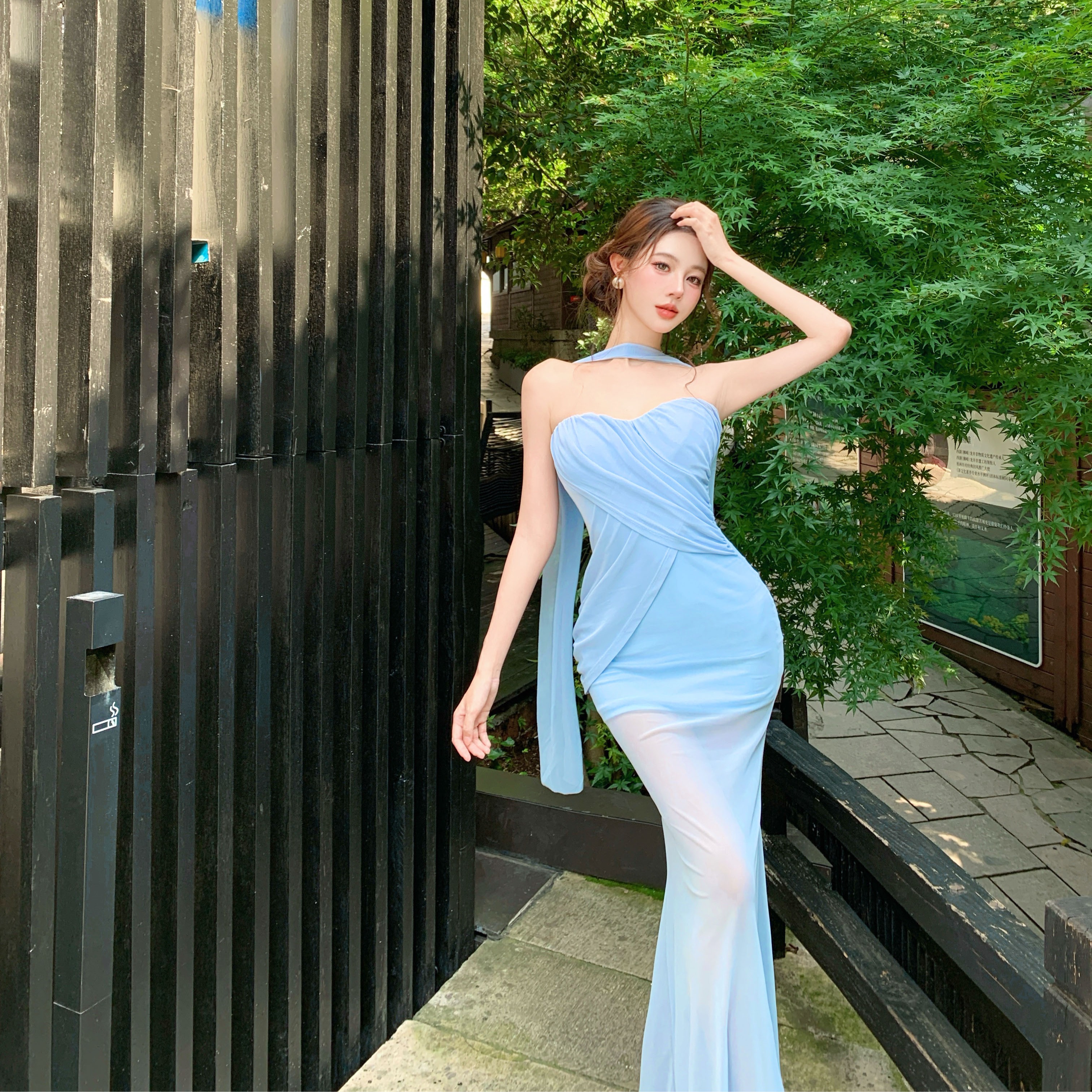 sheer luck kira 망사 리본 몸매 가꾸기 주름 디자인 비대칭 인어 꼬리 롱 스커트 드레스