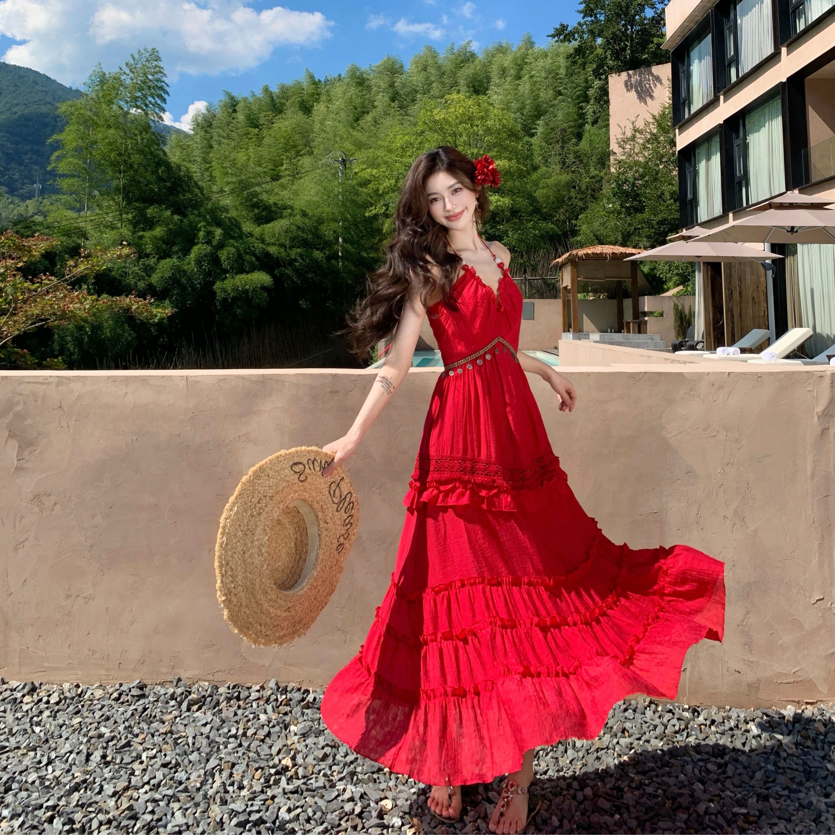 빨간색 롱 코트 V넥 오프숄더 허리 수축 행침 목 슬립 여성 드레스 여름 프랑스식 품격 섹시함 치마