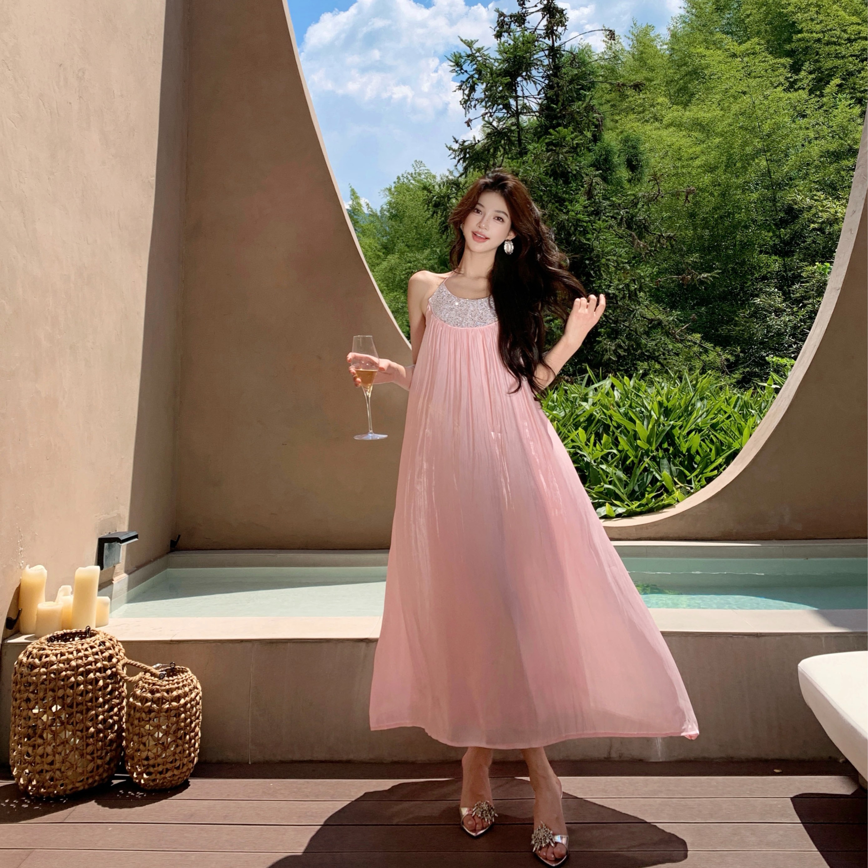 행침 목 드레스 빛 럭셔리 고급 센스 참여 생일 예복 무거운 작업 비즈 박기 스팽글 암퇘지 빛 새틴 휴가 롱 스커트