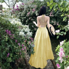 批发度假风挂脖绑带连衣裙女夏立体显瘦a字裙露背性感<b class='q'>长裙</b>子