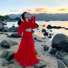 批发2025年夏季新款法式浪漫荷叶边V领长袖<b class='q'>套装</b>连衣裙女修身显瘦<b class='q'>套装</b>