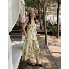 批发波西米亚黄色印花套装女斜肩无袖背心上衣花苞半身裙度假两件套夏