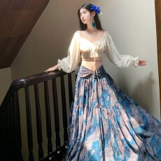 批发【蓝信笺】度假莱赛尔长袖短上衣+设计感4米大摆半身裙