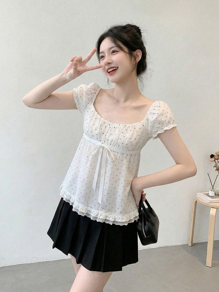 실사 도트 무늬 오프숄더 레이스 반팔 티셔츠 여성 여름 루즈핏 슬림해 보이는 한 첨부 된 의류
