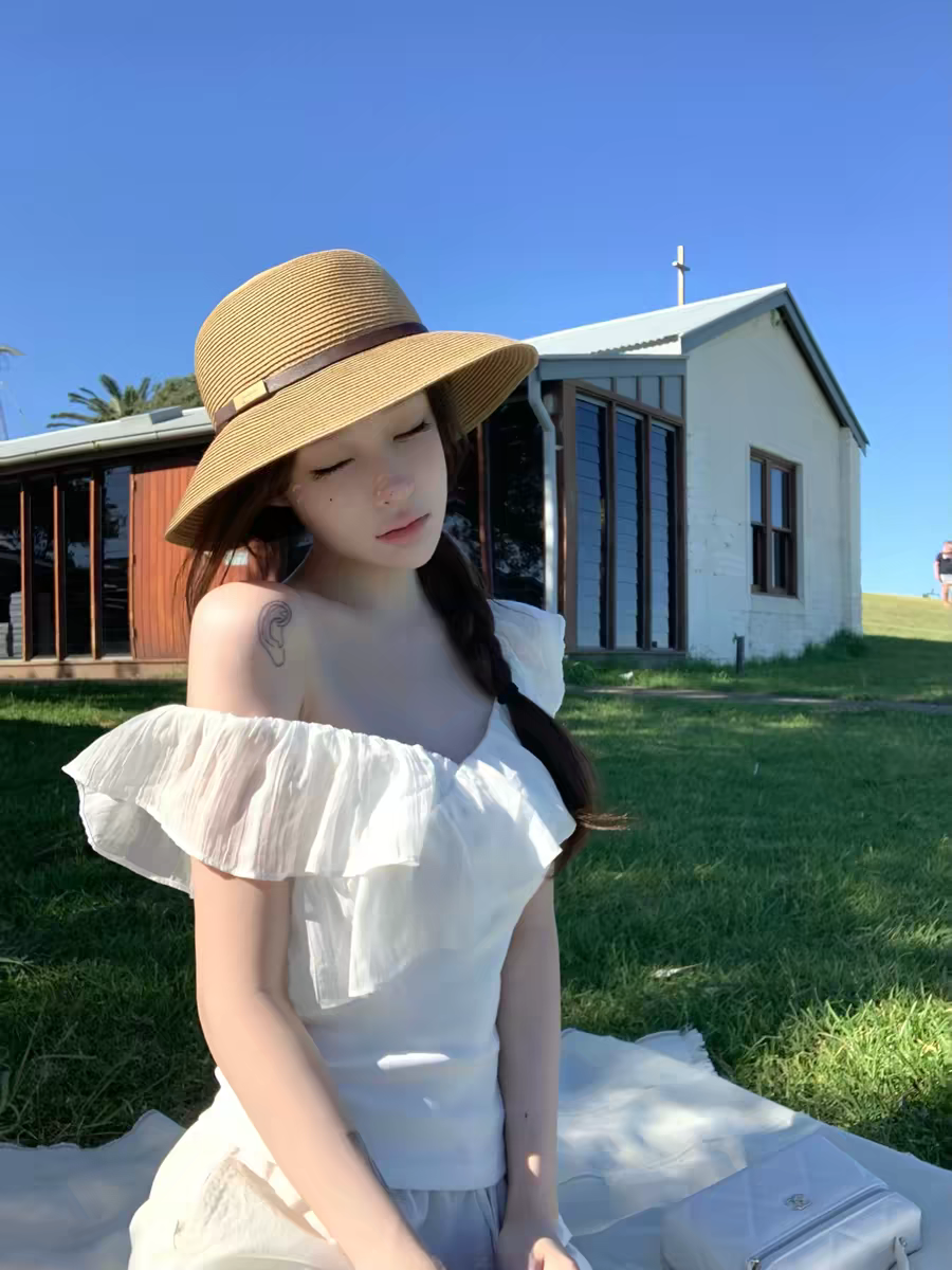suuuicee 달빛 슈만 다중 레이어 자르기 패치워크 100 라이 경기 서울 프릴 오프숄더 슬립 맨위
