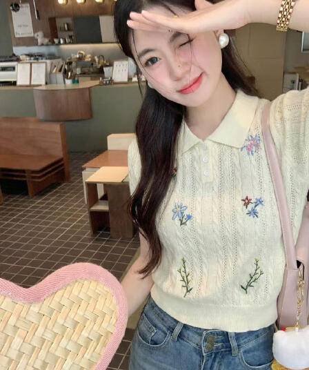 한 번 작은 짭짤한 한 부서 살구 색상 자수 자수 니트 반팔 티셔츠 여성 여름 디자인 센스 작은 대중 쇼트 스타일 맨위