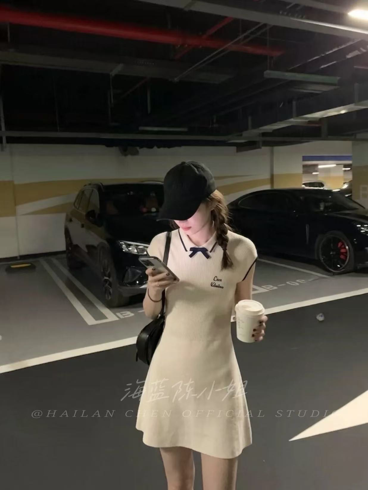 꽃 꽃 생각하기 니트 원피스 한 부서 화이트 배색 POLO 칼라 학원 스타일 연령 감소 반팔 드레스