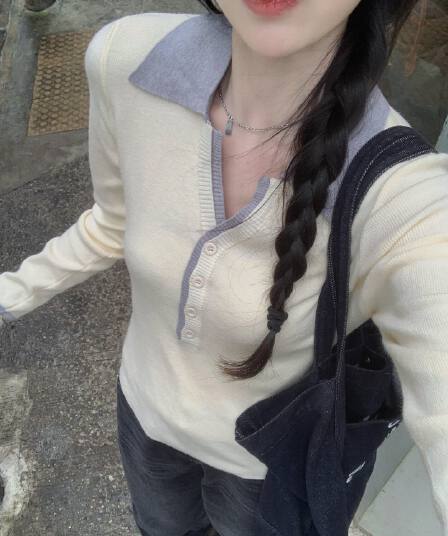 한 부서 POLO 칼라 긴팔 스웨터 여자 가을 겨울 새로운 몸매 가꾸기 슬림해 보이는 페이크 레이어드 만나는 니트 스웨터 인사이드 잡아라. 의류