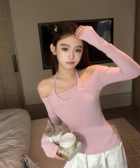 디자인 센스 페이크 레이어드 행침 목 허리 수축 오프숄더 긴팔 티셔츠 여성 가을 아름다운 슬림해 보이는 맨위