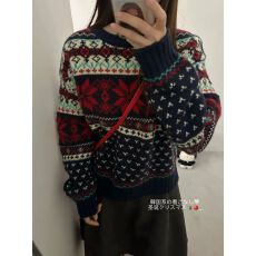 批发韩系圣诞氛围感雪花红色毛衣套头女宽松秋冬季加厚内搭针织衫上衣