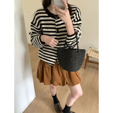 批发韩系条纹短款无领针织衫毛衣开衫外套2025新款长袖早秋chic上衣