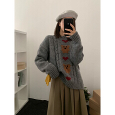 批发羊毛小熊爱心圆领套头针织衫女<b class='q'>冬</b>季新款洋气百搭小众毛衣女