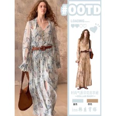 批发‘’雾屿蓝楹‘’仙气游牧风法式印花裙<b class='q'>连衣裙</b> 两件套