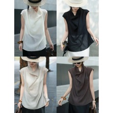 批发极简风人丝肌理<b class='q'>无袖</b>小衫随性荡领衬衫法式通勤衬衣显瘦堆堆领内搭