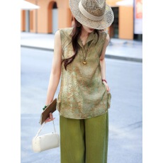 批发高端天丝金线提花小立领背心无袖衬衫女复古气质上衣透气无袖T恤