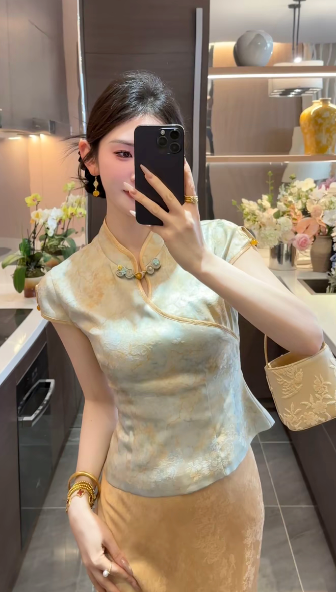 골드 란 패션 여름 새로운 수공 단추 몸매 가꾸기 스탠드 칼라 부분 襟 맨위