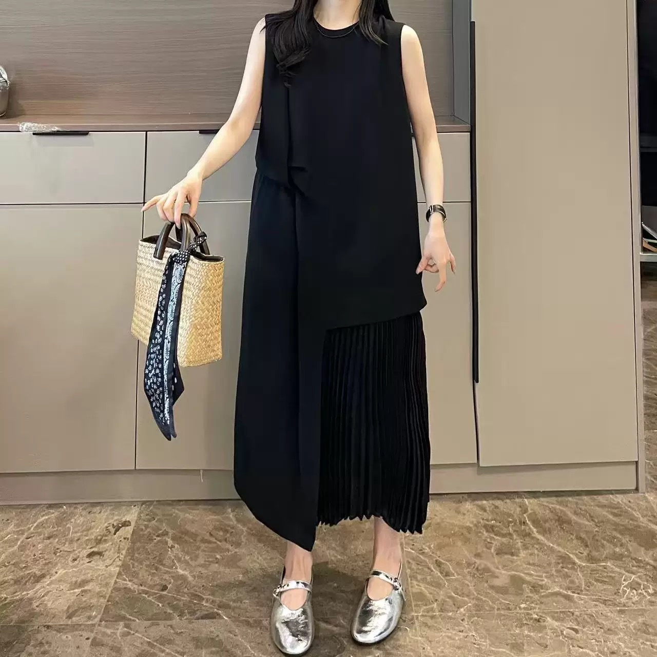 경관 그림 빛 럭셔리 민소매 무거운 작업 패치워크 조끼 스커트 패션 봄 새로운 조끼 스커트