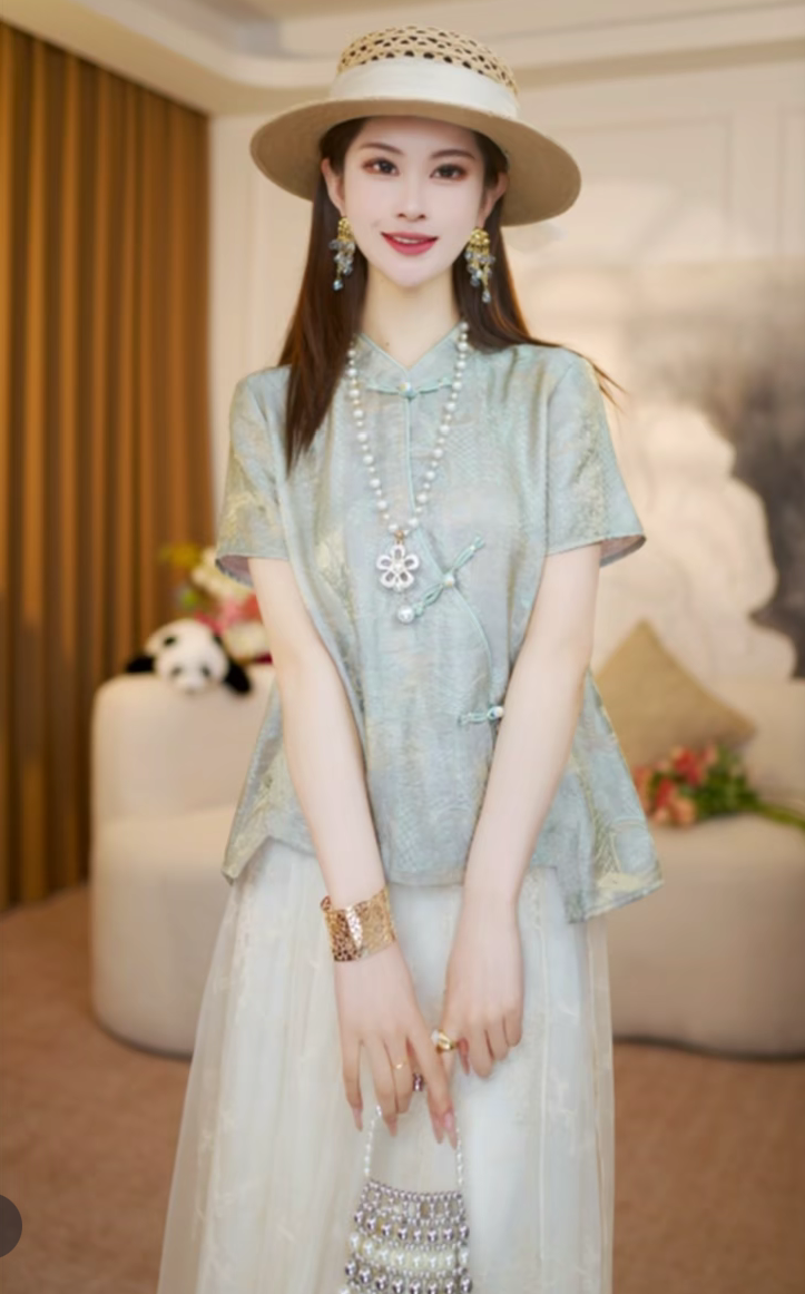 청 치자 나무 새로운 중식 스탠드 칼라 홀치기 염색 비스듬한 襟 맨위