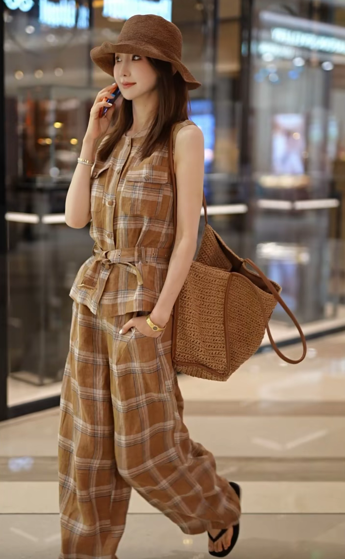 오래된 돈 체크무늬 패션 레트로 주머니 베스트 바지 세트