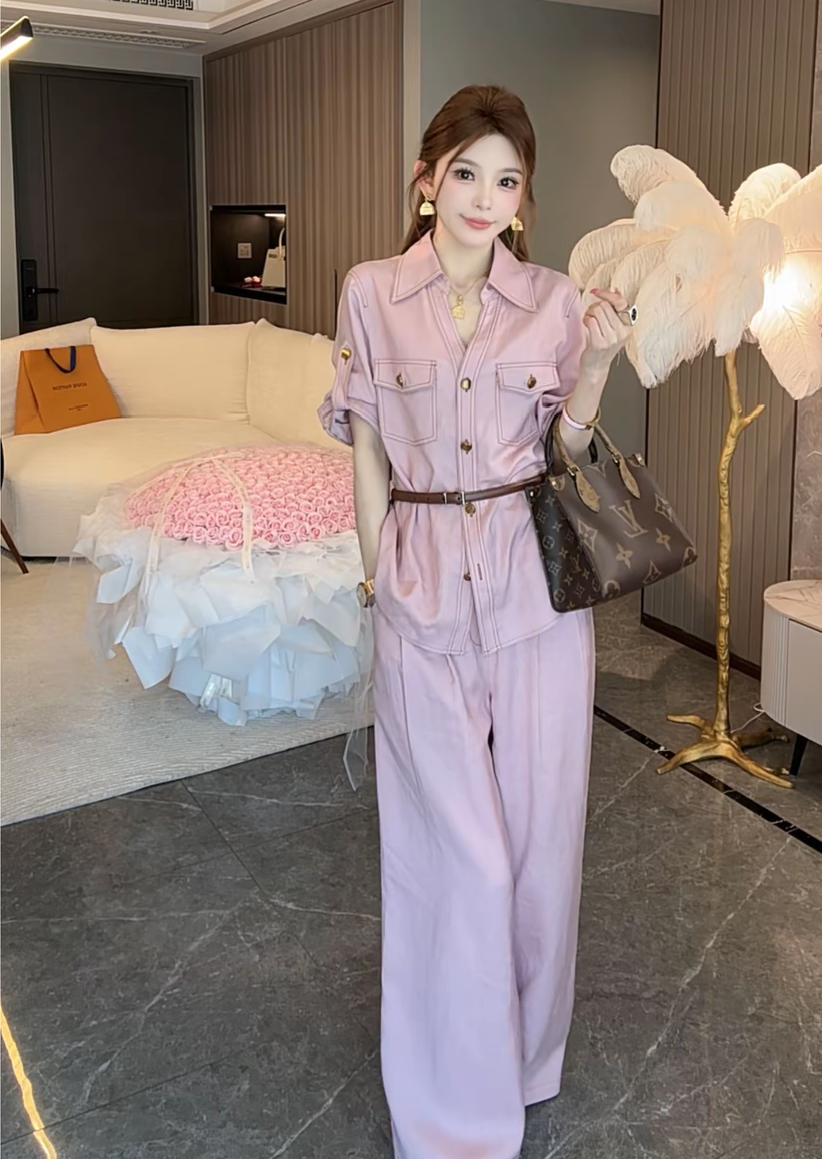 품격 레트로 셔츠 넓은 다리 길이 바지 세트 여성 새로운 고급 센스 셔츠 바지 투피스 세트