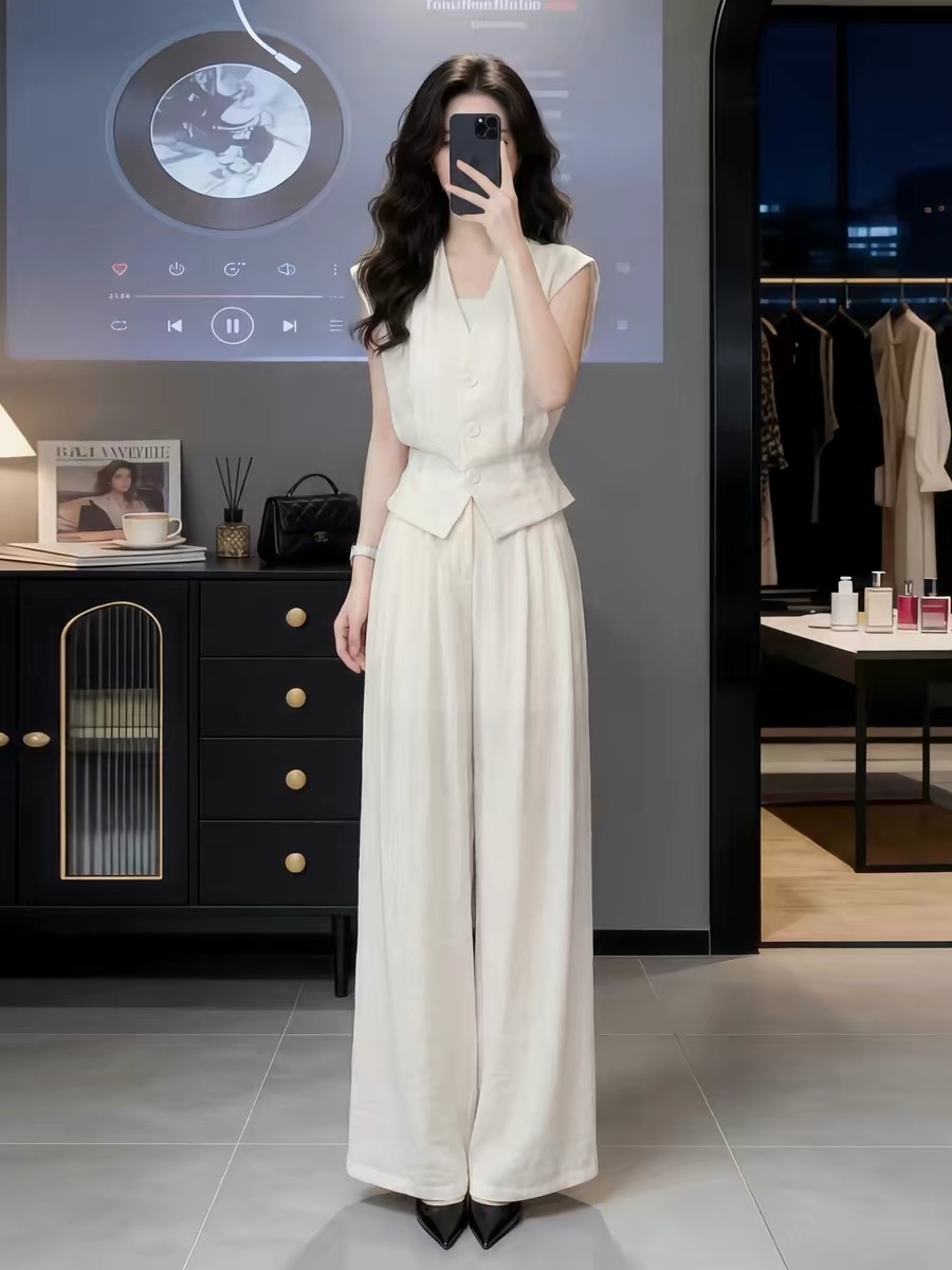 2026 여름 새로운 V넥 민소매 베스트 와이드 레그 팬츠 투피스 세트