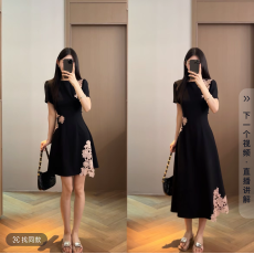 批发2026夏新中式蕾丝刺绣针织半垂感高腰a 字黑色长裙连衣裙