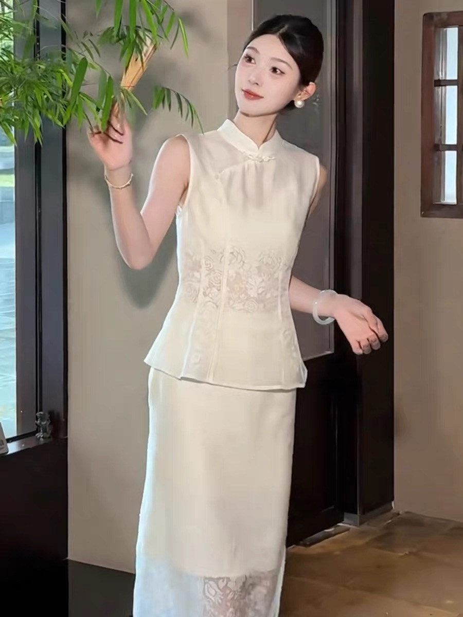 한 옥 화이트 고전 무거운 꽃잎 동백 나무 자카드 화상 꽃 허리 수축 베스트 세트