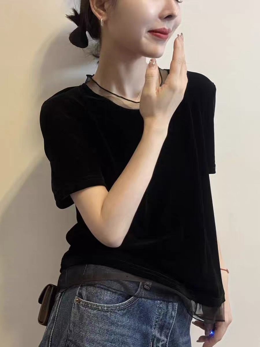 2026 여름 새로운 단색 라운드 넥 네클라인 밑단 원사 다용도 경 사진 반팔