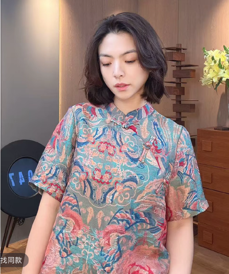 클러스터 깃털 브로케이드 곡물 새로운 중식 국풍 무거운 비스듬한 襟 단추 어둠 곡물 자카드 맨위