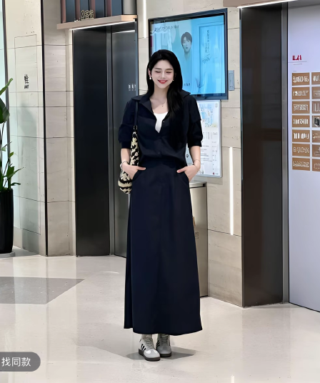 오래된 돈 바람 키 큰 남자 여름 디자인 센스 하이웨이스트 슬림해 보이는 Chic 중간 소매 셔츠 드레스