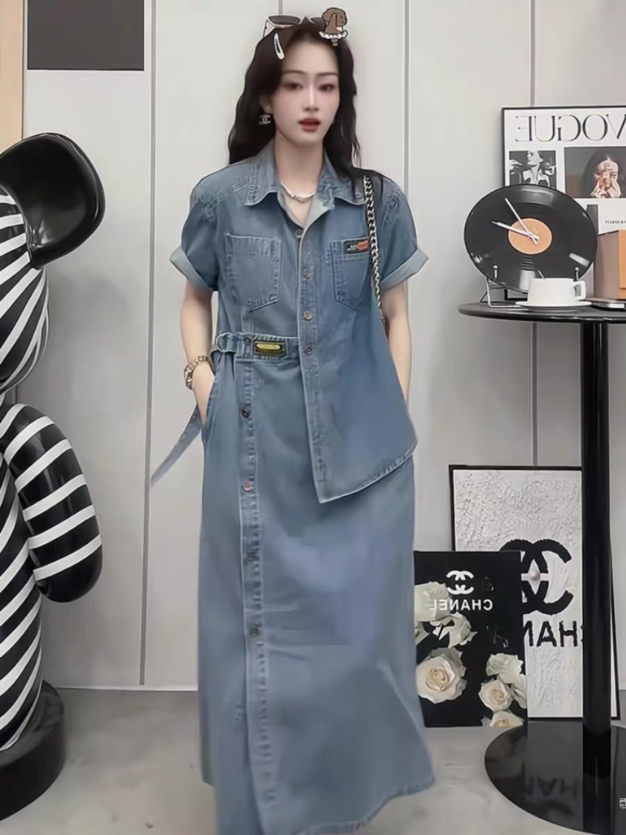 작은 대중 항구 바람 레트로 데님 바람막이 품격 슬림해 보이는 중간 길이 롱 스커트 새로운 중식