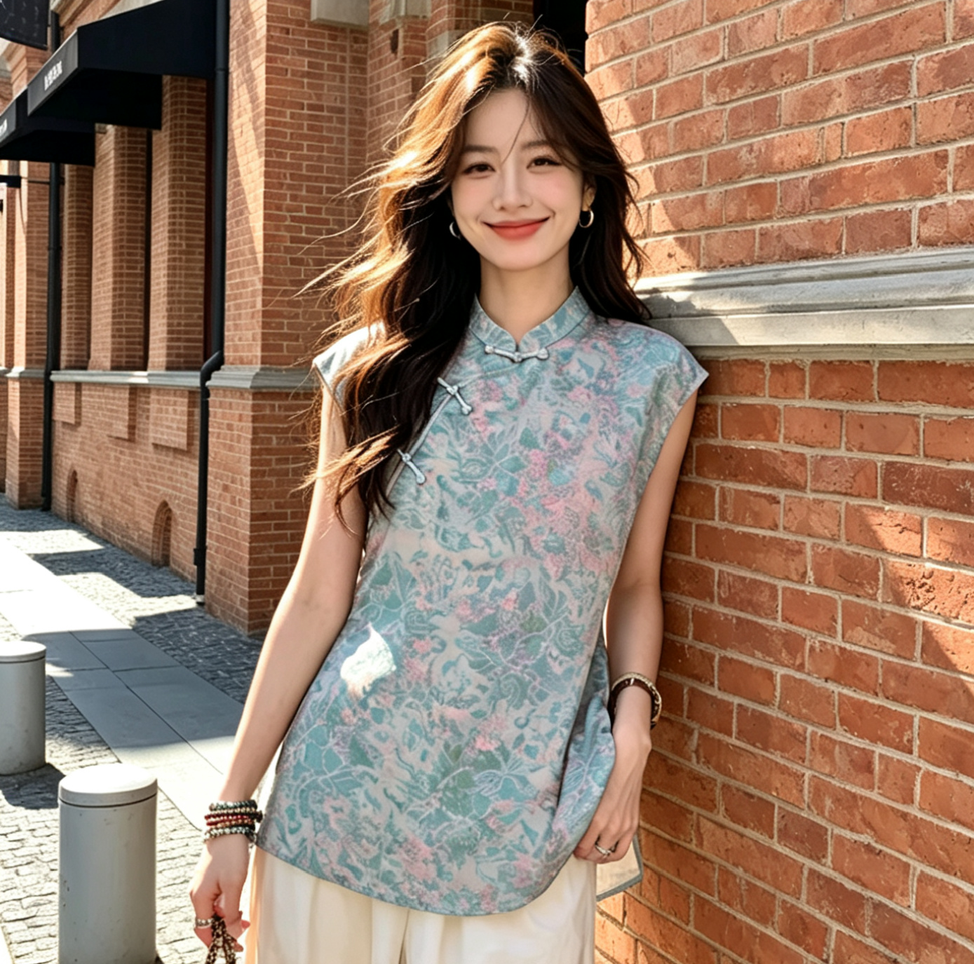 민소매 맨위 중국풍 여성 여름 국풍 스탠드 칼라 단추 출퇴근 품격 작은 셔츠