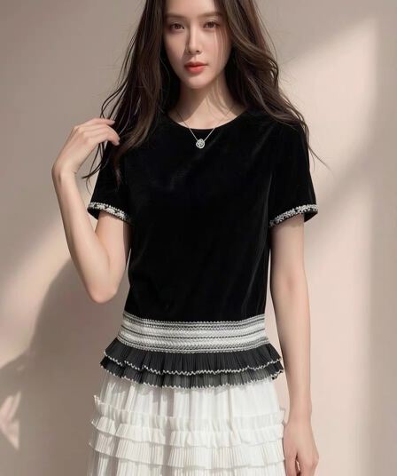 맑은 대체로 흐림 여름 새로운 패션 다용도 연령 감소 품격 프랑스식 우아함 바람 반팔 티셔츠