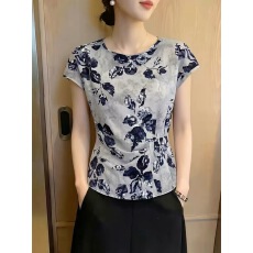 批发设计感碎花短袖T恤上衣女2026<b class='q'>夏季</b>新款收腰显瘦遮肚气质印花内搭
