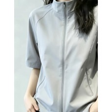 批发简约运动风短袖拉链上衣<b class='q'>女</b>2026夏季新款修身显瘦百搭防晒衣外套潮