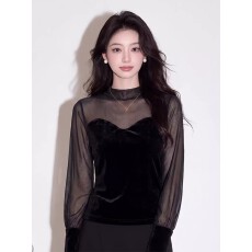 批发高端轻奢性感御姐风黑色丝绒上衣洋气修身拼接网纱衬衫女秋季新款