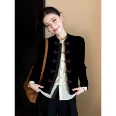 批发新中式黑色丝绒短外套女2026秋季新款小个子国风盘扣改良唐装上衣