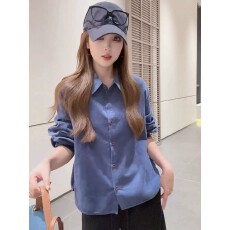 批发2026秋季新款韩系蓝色翻领<b class='q'>衬衫</b>上衣