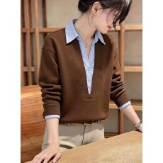 批发咖色假两件翻领卫衣女2026新款秋季宽松休闲百搭长袖套头通勤上衣