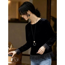 批发黑色金丝绒<b class='q'>衬衫</b>女款秋季新款圆领长袖宽松蕾丝拼接高级感气质<b class='q'>上衣</b>