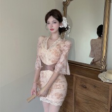 批发实拍 纯欲风蕾丝拼接<b class='q'>性感</b>V领连衣裙女<b class='q'>夜店</b>辣妹修身绑带包臀裙