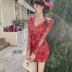 批发实拍 复古印花法式<b class='q'>连衣裙</b>性感修身低胸气质长袖<b class='q'>夜店</b>包臀短裙