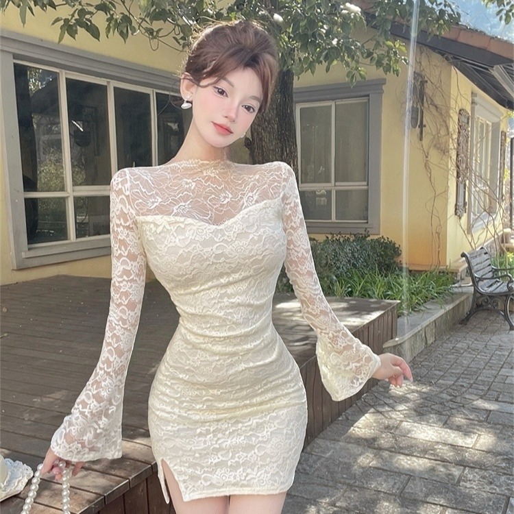 실사 품격 명문 여성 시스루 섹시함 레이스 몸매 가꾸기 나팔 소매 드레스 순수한 욕망 핫걸 타이트 스커트