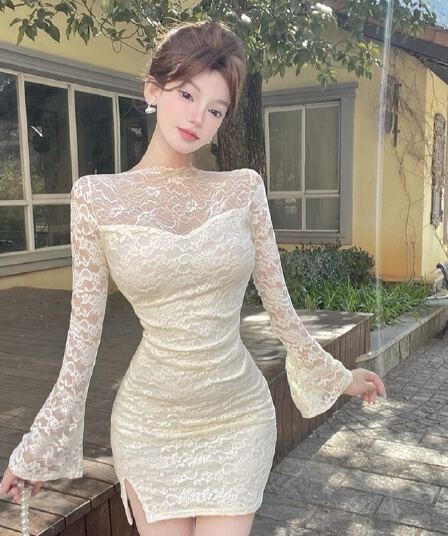 실사 품격 명문 여성 시스루 섹시함 레이스 몸매 가꾸기 나팔 소매 드레스 순수한 욕망 핫걸 타이트 스커트